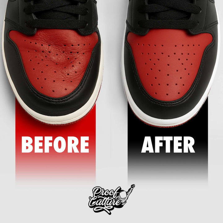 Side-by-side comparison showing Jordan 1 toe box creased before and smooth after using Proof Culture Sneaker Crease Protector