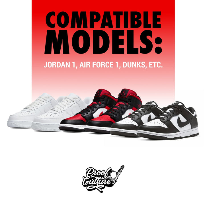 Proof Culture crease protectors compatible with Air Jordan 1, Air Force 1, Dunks, Yeezy 350, and more—illustrated compatibility grid.