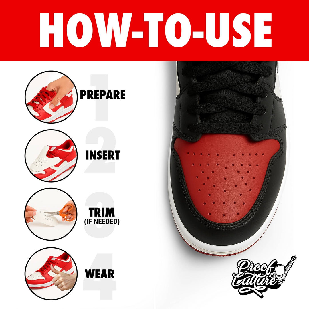 Step-by-step graphic showing how to insert Proof Culture sneaker crease protectors: prepare, insert, trim, wear