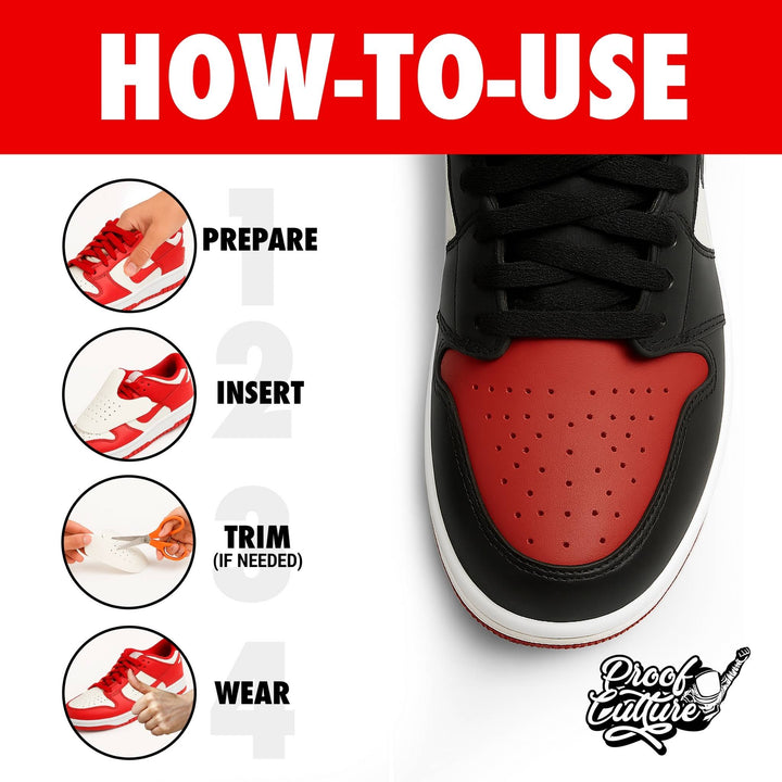 Step-by-step graphic showing how to insert Proof Culture sneaker crease protectors: prepare, insert, trim, wear