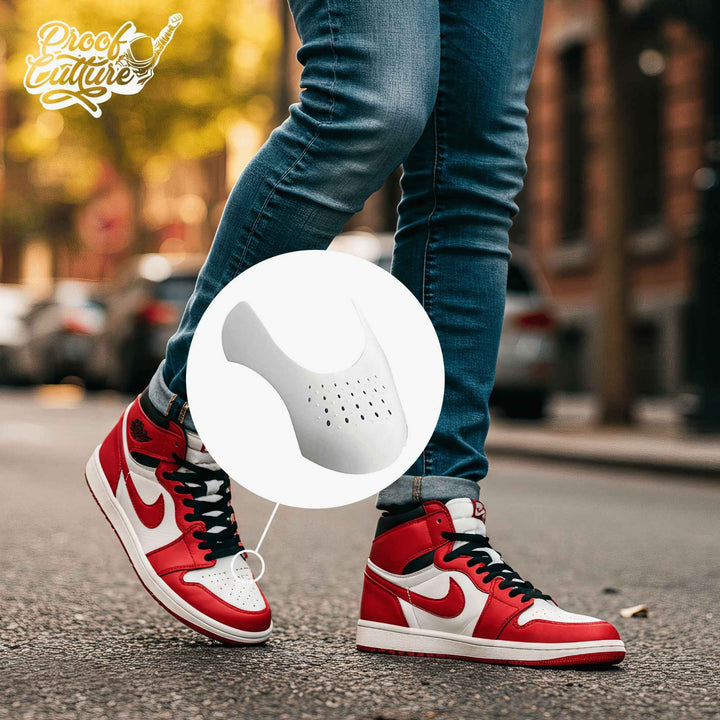 Proof Culture Sneaker Crease Protector worn inside red and white Jordan 1s during a city walk—no creases visible