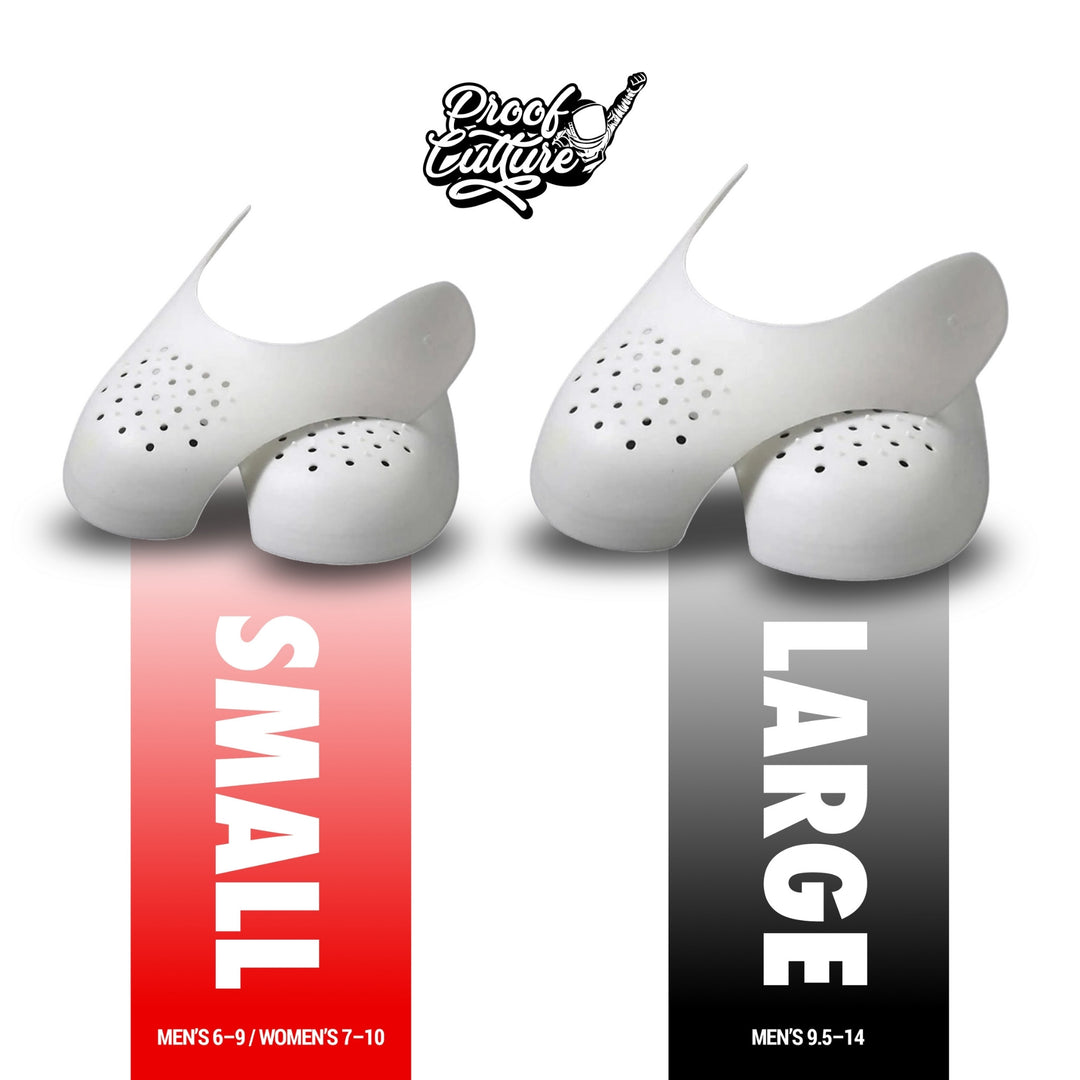 Size chart comparing Small vs Large Proof Culture sneaker crease protectors with trim-to-fit measurement guide.