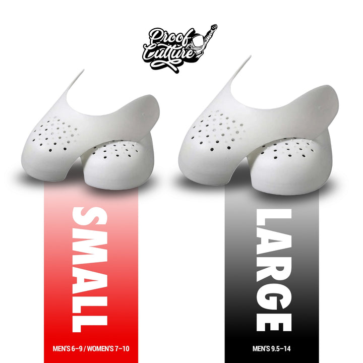Size chart comparing Small vs Large Proof Culture sneaker crease protectors with trim-to-fit measurement guide.