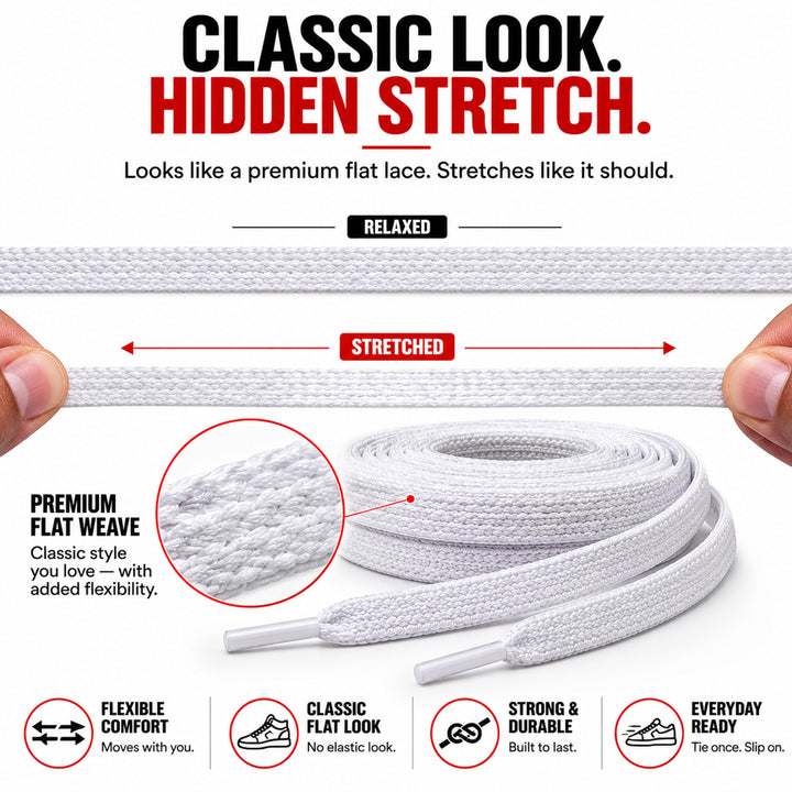 Elastic stretch lace shown relaxed and stretched, with premium flat weave detail