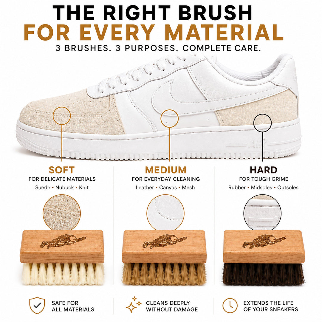 🪥 Complete Shoe Brush Kit – Soft, Medium & Hard Bristles + Cloth