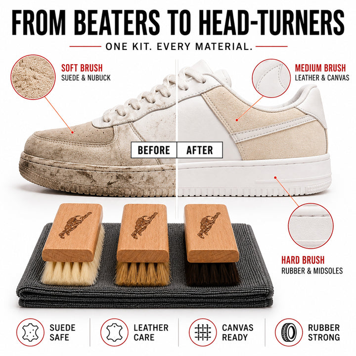 🪥 Complete Shoe Brush Kit – Soft, Medium & Hard Bristles + Cloth