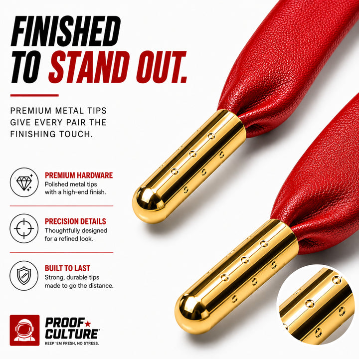 Black faux leather laces with gold metal tips, close-up
