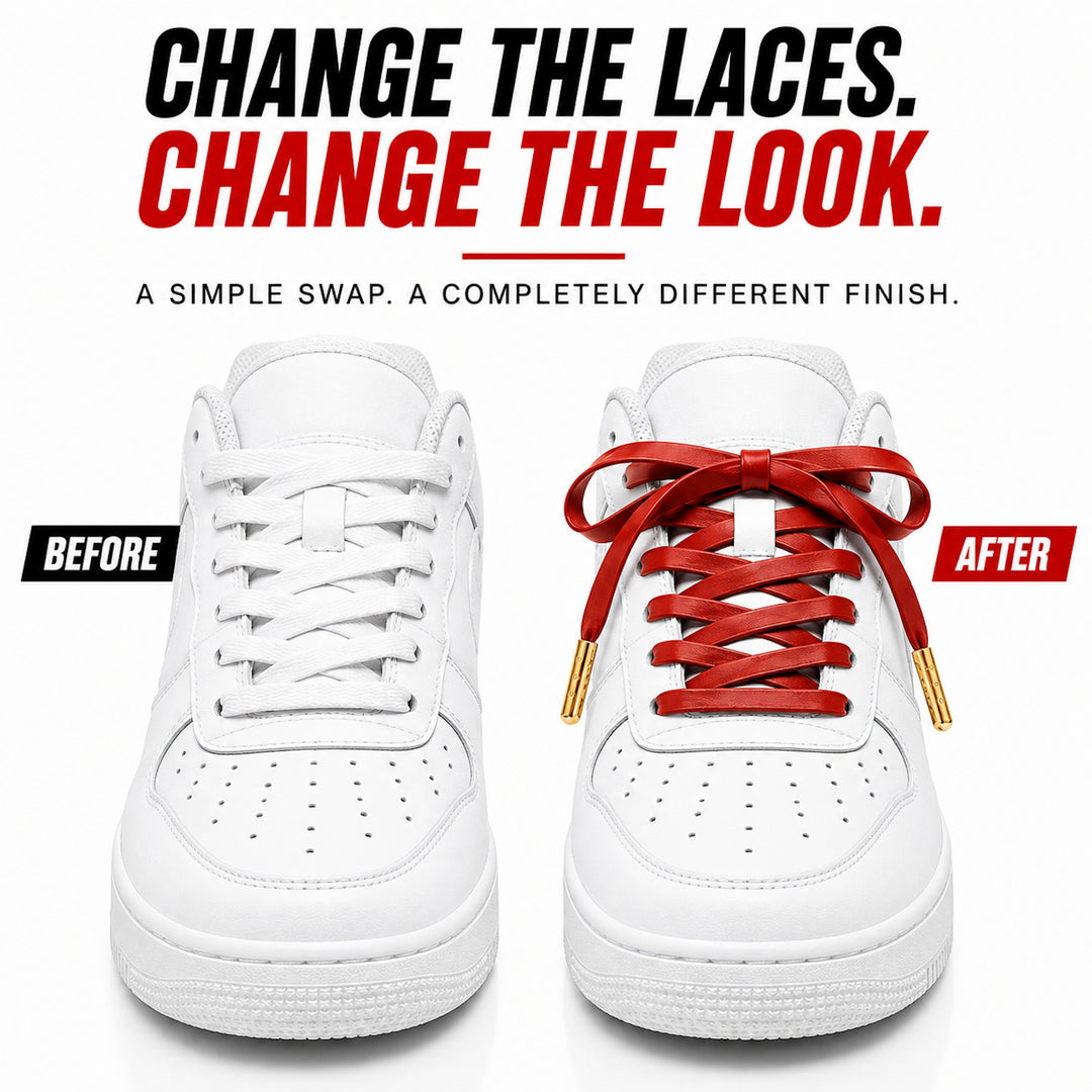 Before and after: white Air Force 1 with plain laces versus red faux leather laces with gold tips