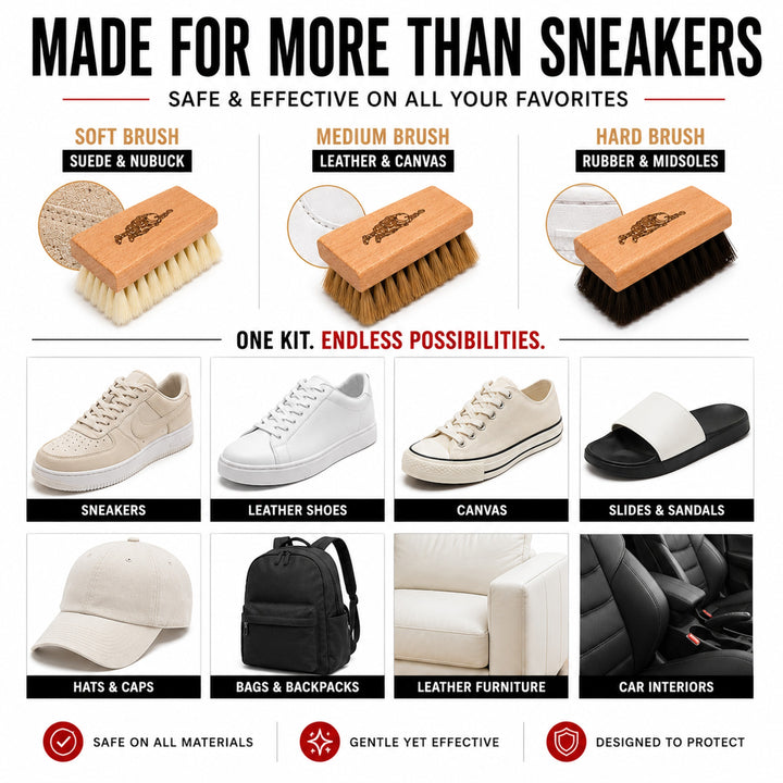🪥 Complete Shoe Brush Kit – Soft, Medium & Hard Bristles + Cloth