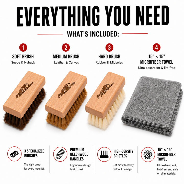 🪥 Complete Shoe Brush Kit – Soft, Medium & Hard Bristles + Cloth
