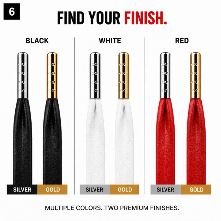 Faux leather lace tip color and finish comparison chart: black, white, red in silver or gold