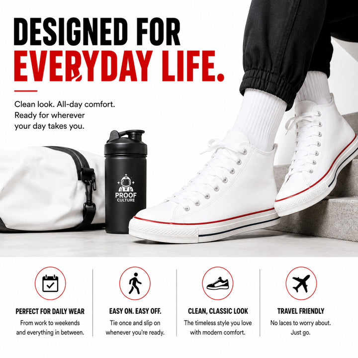 White high-top sneakers laced with Proof Culture stretch laces, styled for everyday wear