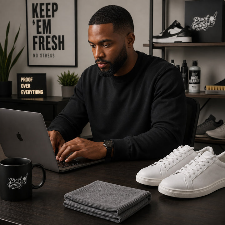 Man working at his desk with the folded grey microfiber towel and a pair of white sneakers on the table beside him