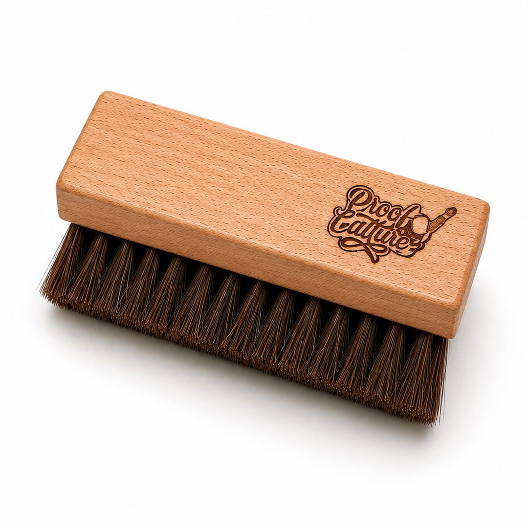 Proof Culture wood-handled sneaker brush with soft dark brown bristles, product shot on white background