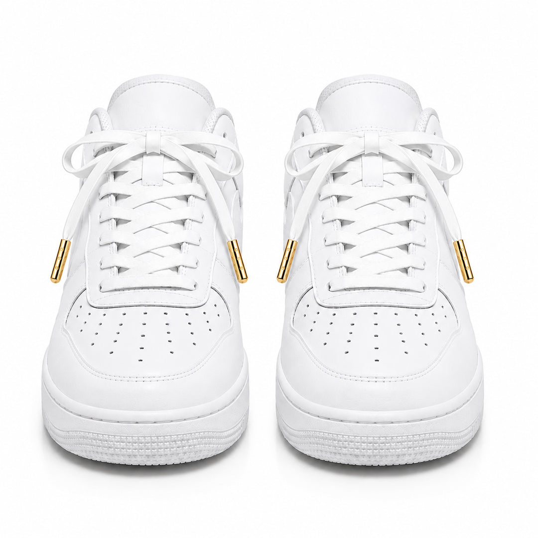 White faux leather laces with gold metal tips