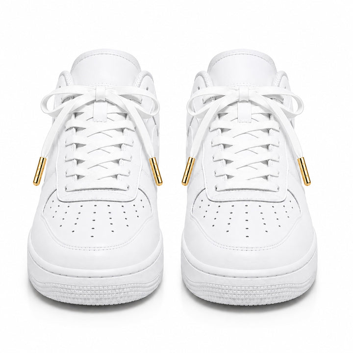 White faux leather laces with gold metal tips
