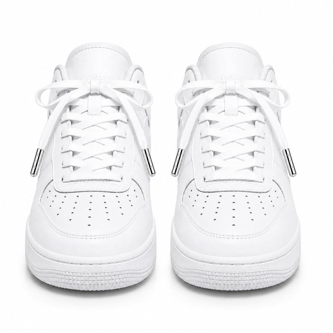 White faux leather laces with silver metal tips