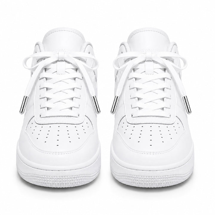 White faux leather laces with silver metal tips