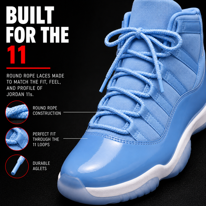 Jordan 11 replacement laces detail showing round rope construction, fit through the J11 lace loops, and durable aglets