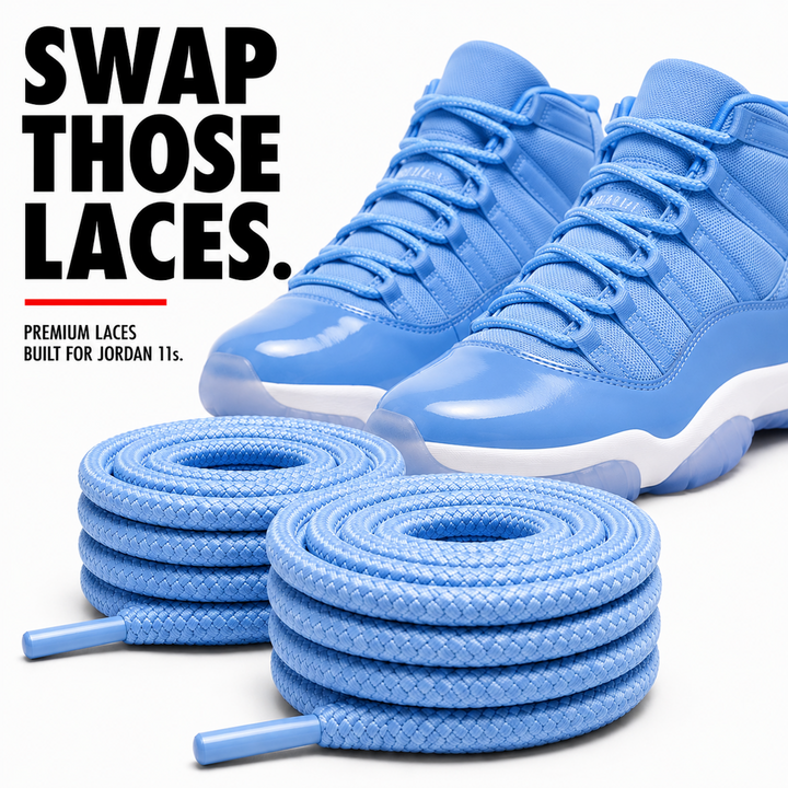 Jordan 11 Legend Blue sneaker with replacement laces installed, alongside coiled lace product shots