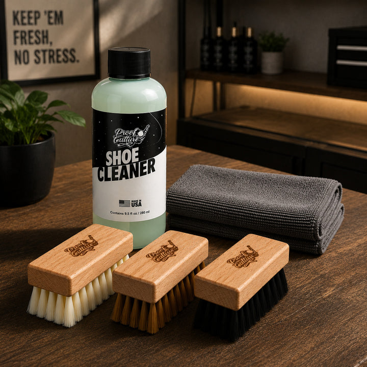 Proof Culture Ultimate Sneaker Care Kit styled on a wood table with brushes and towel