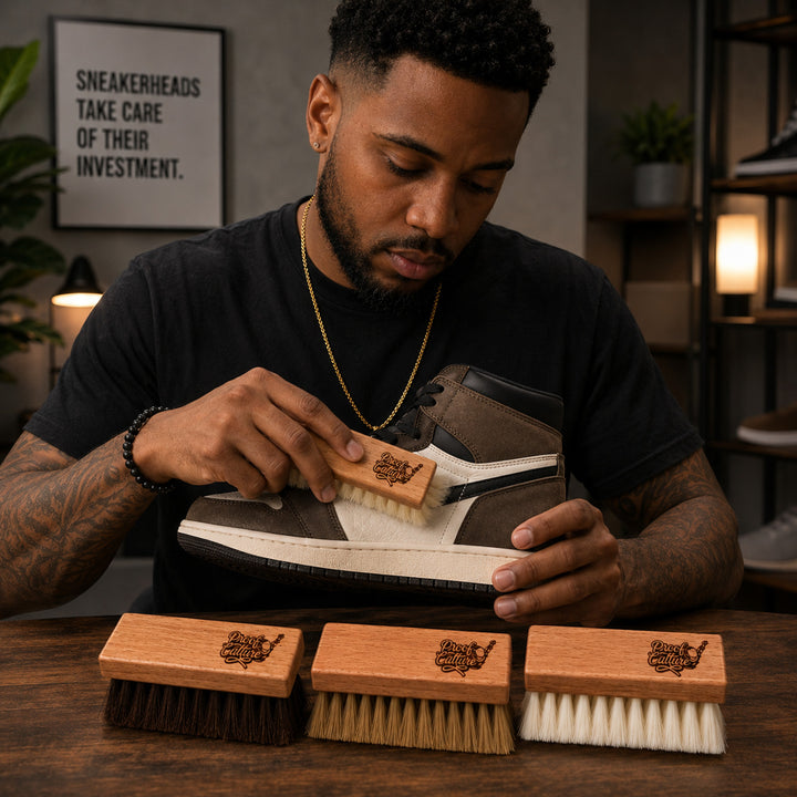 Man brushing a brown and white Jordan 1 sneaker with the Proof Culture brush, with the soft and hard bristle brushes laid out on the table