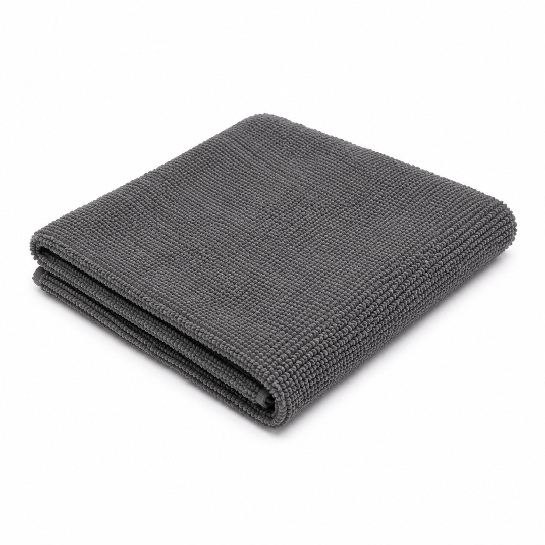Folded grey Proof Culture microfiber sneaker towel, product shot on white background
