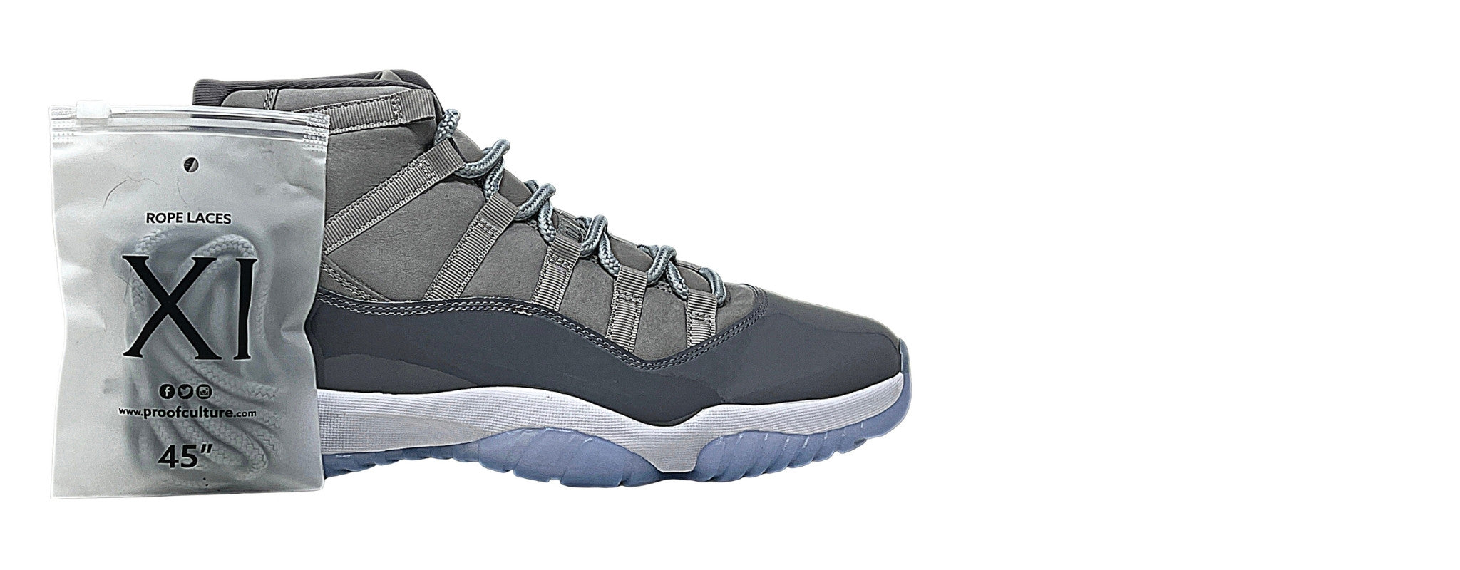 Jordan 11 sneaker with Proof Culture replacement rope laces and branded packaging on a white background