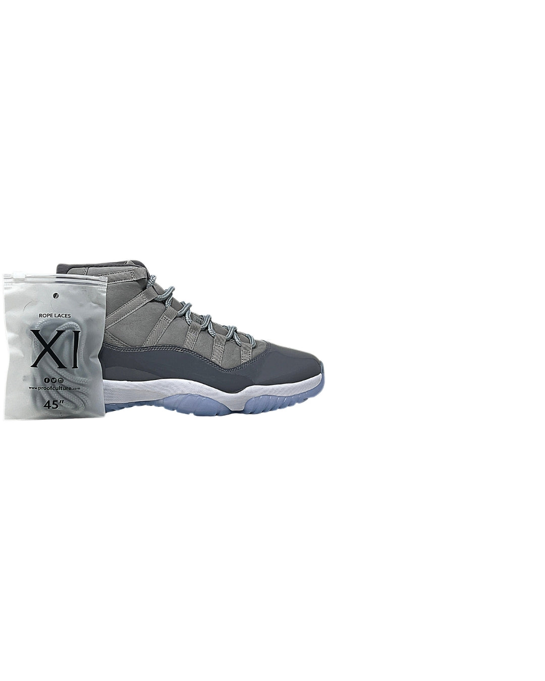 Jordan 11 sneaker with Proof Culture replacement rope laces and branded packaging on a white background