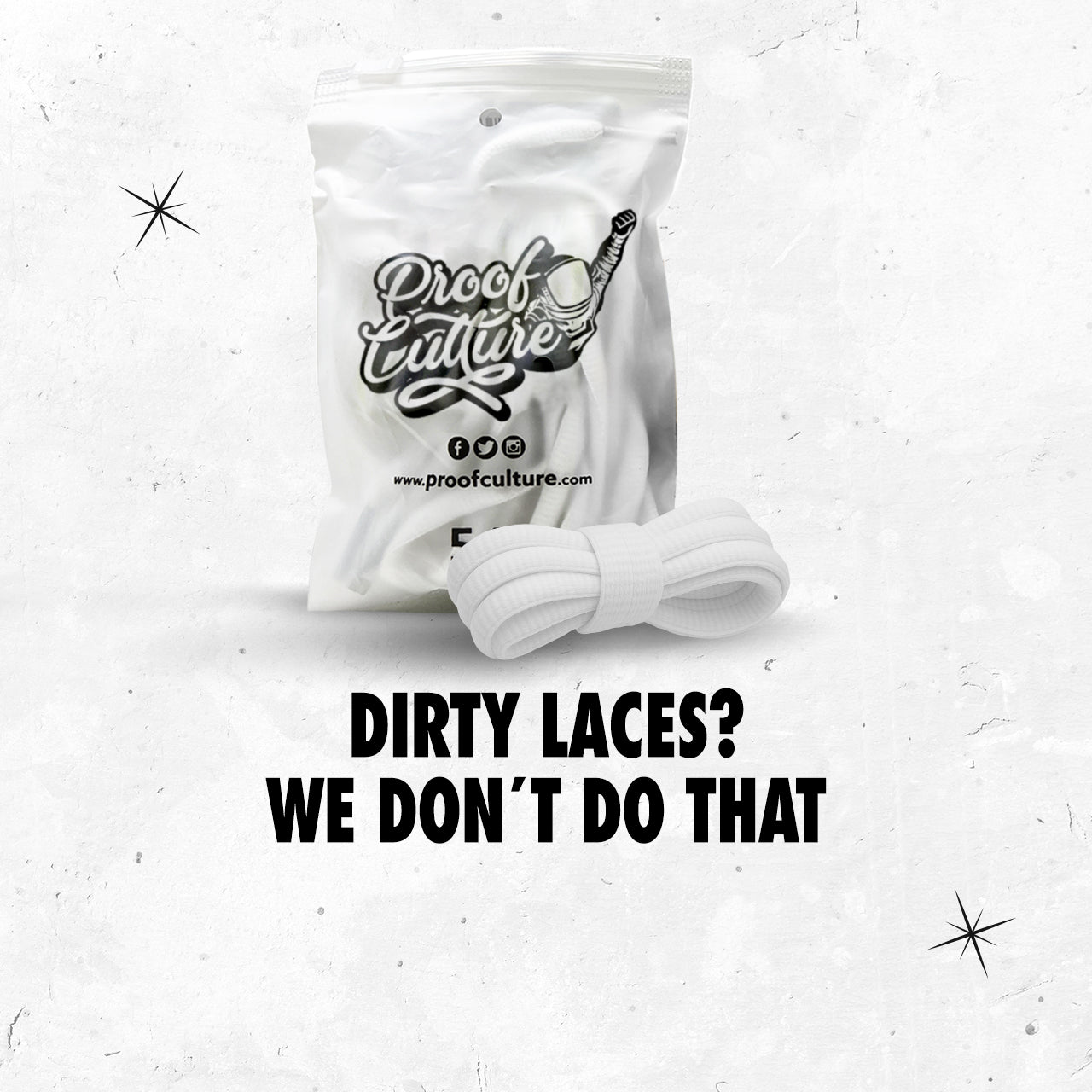 Six colorful flat shoelace bundles from Proof Culture arranged on textured background, showcasing black, white, yellow, red, green, and blue styles.