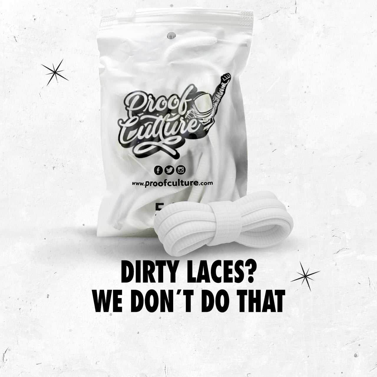 Six colorful flat shoelace bundles from Proof Culture arranged on textured background, showcasing black, white, yellow, red, green, and blue styles.