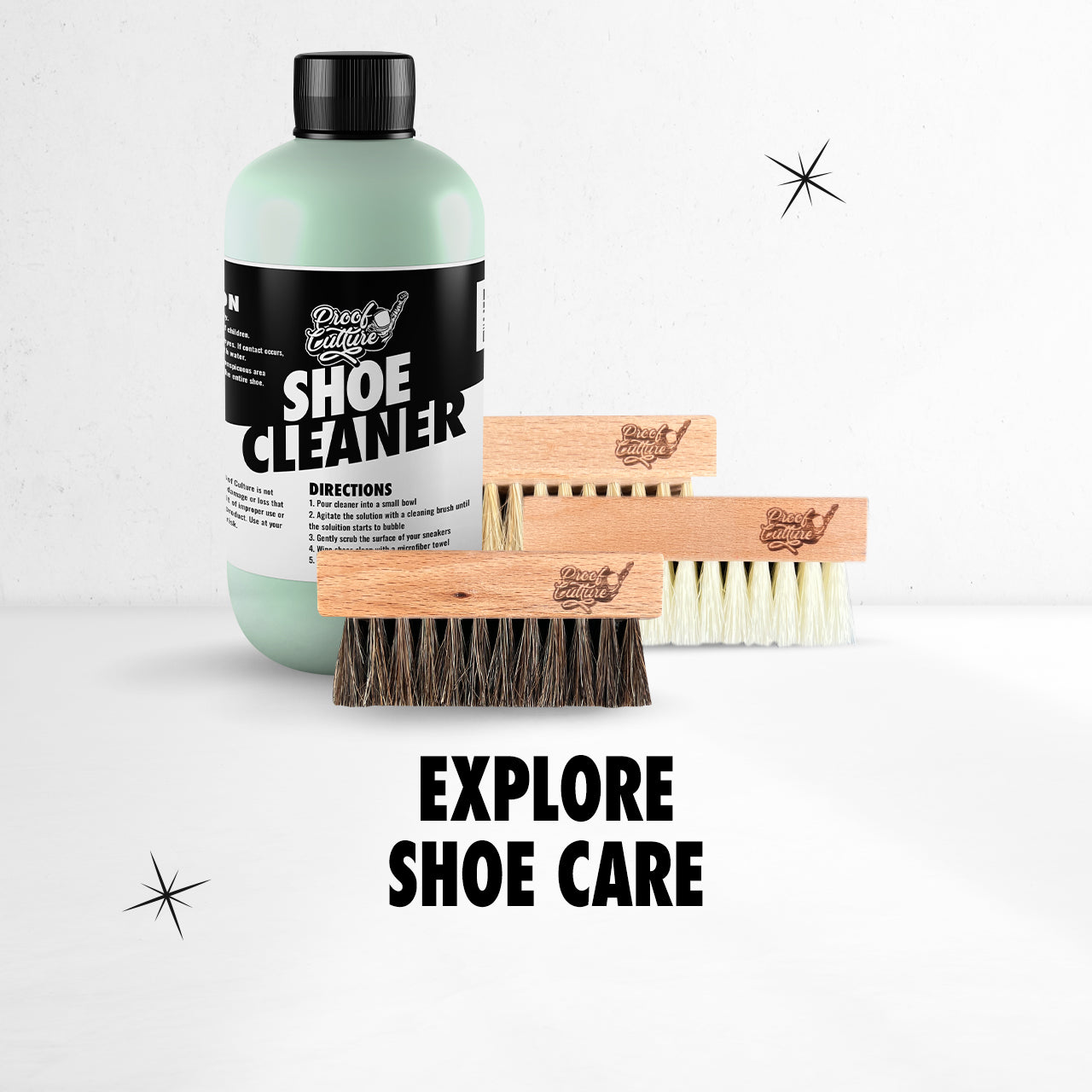 Proof Culture premium shoe cleaning brush kit in use on turquoise toe box. Sneakerhead-approved shoe care collection.