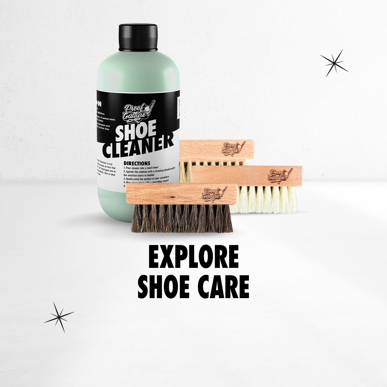 Proof Culture premium shoe cleaning brush kit in use on turquoise toe box. Sneakerhead-approved shoe care kit collection.