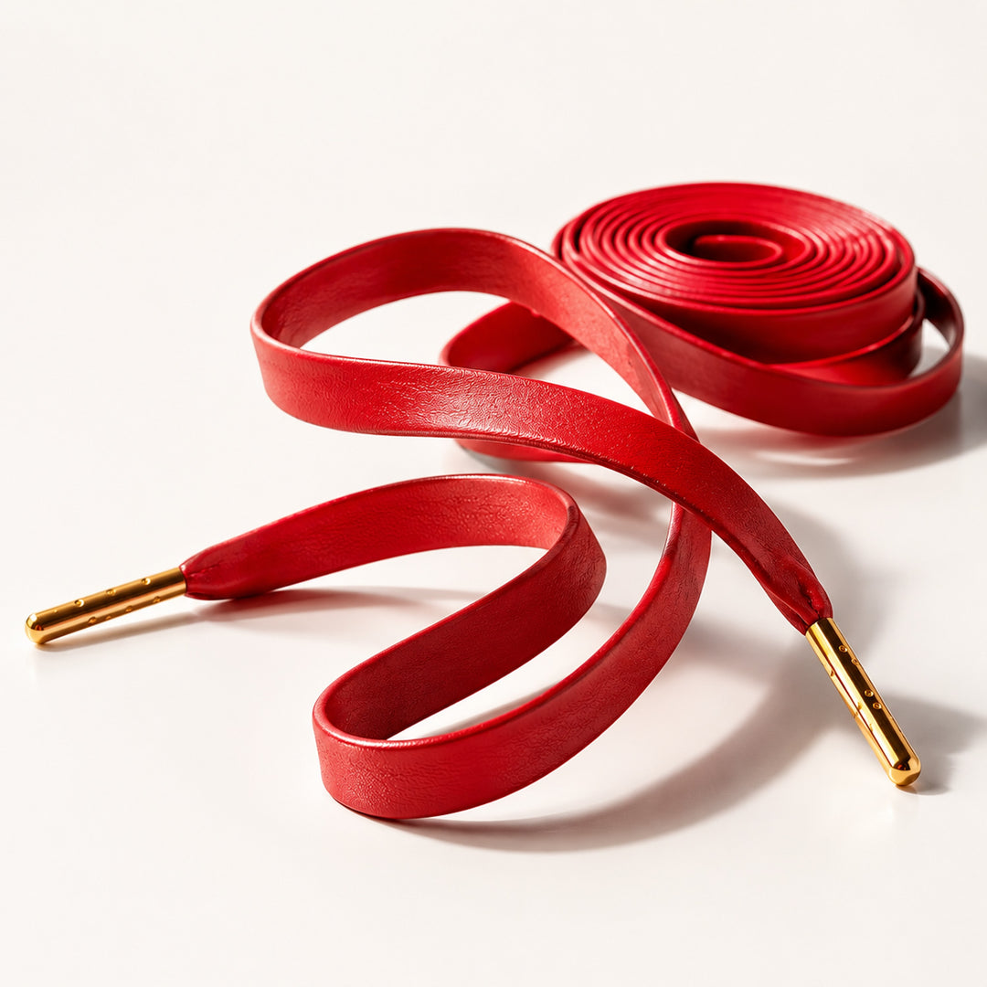 Red faux leather laces with gold metal tips, detail view