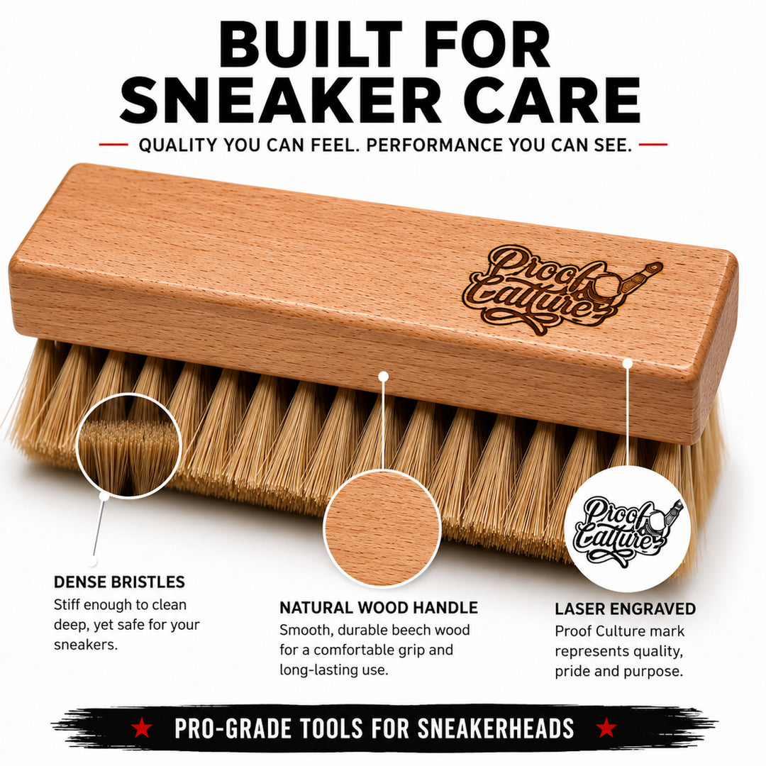 Infographic highlighting the dense bristles, beech wood handle, and laser-engraved logo on the Proof Culture sneaker brush