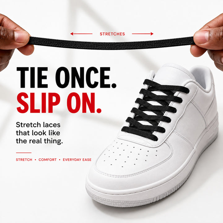 Elastic stretch lace being pulled to show stretch, tied into a white Air Force 1