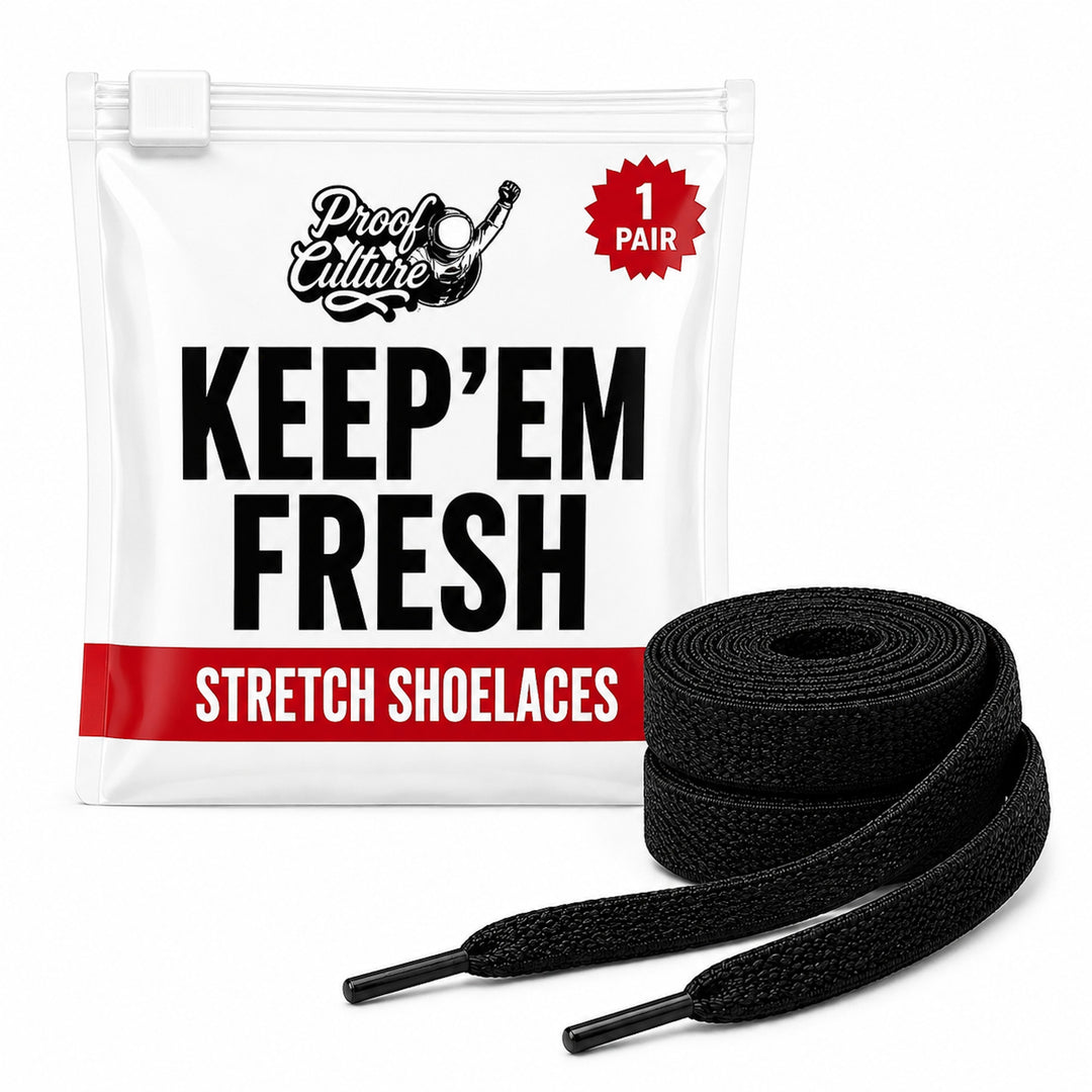 Proof Culture stretch shoelaces packaging with black laces, 1 pair