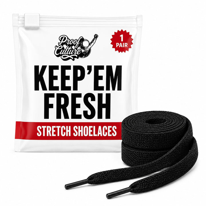 Proof Culture stretch shoelaces packaging with black laces, 1 pair