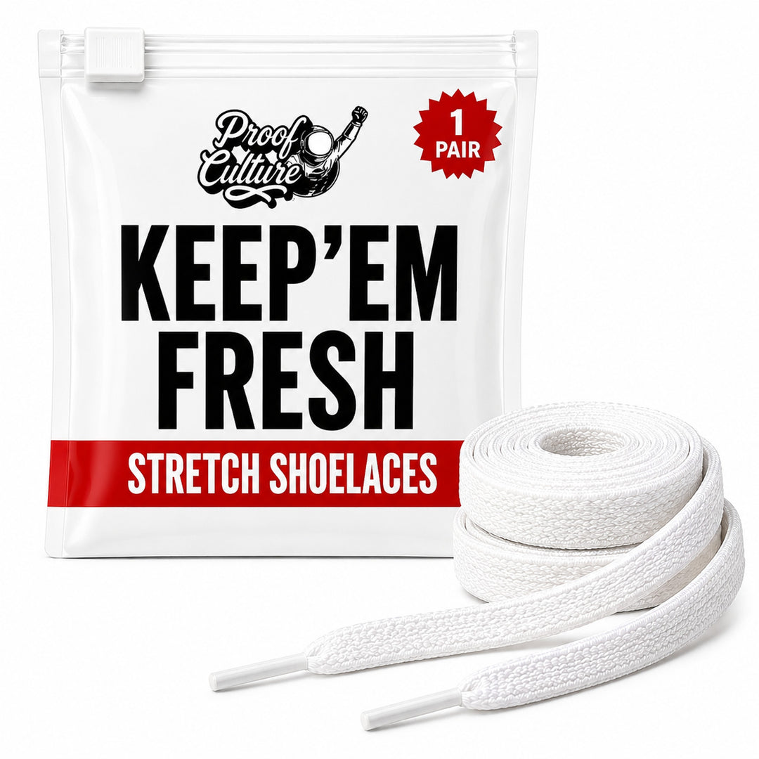Proof Culture stretch shoelaces packaging with white laces, 1 pair