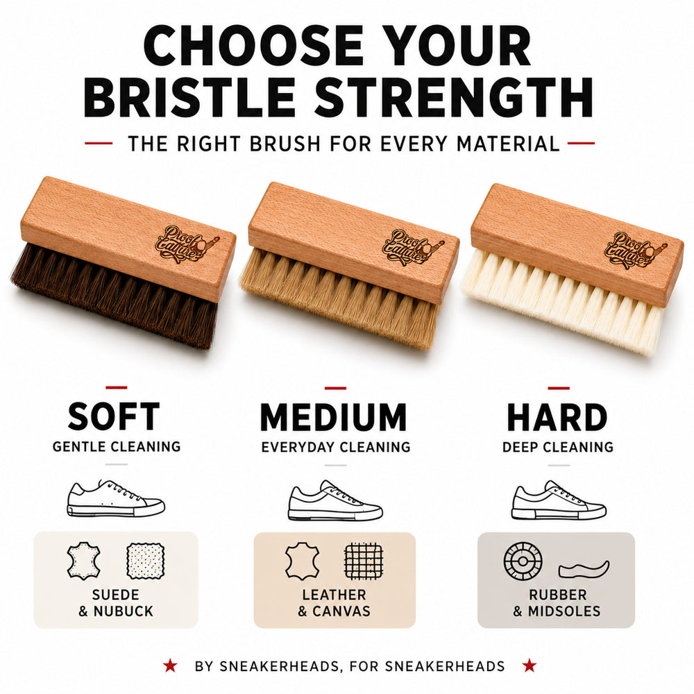 Infographic comparing Proof Culture's soft, medium, and hard bristle sneaker brushes and which materials each is best for